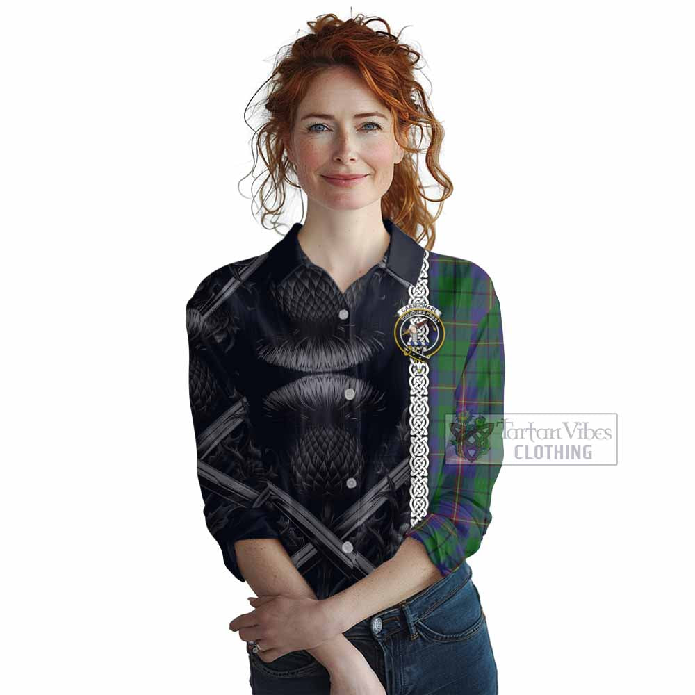 Tartan Vibes Clothing Carmichael Tartan Women's Casual Shirt with Family Crest Cross Sword Thistle Celtic Vibes