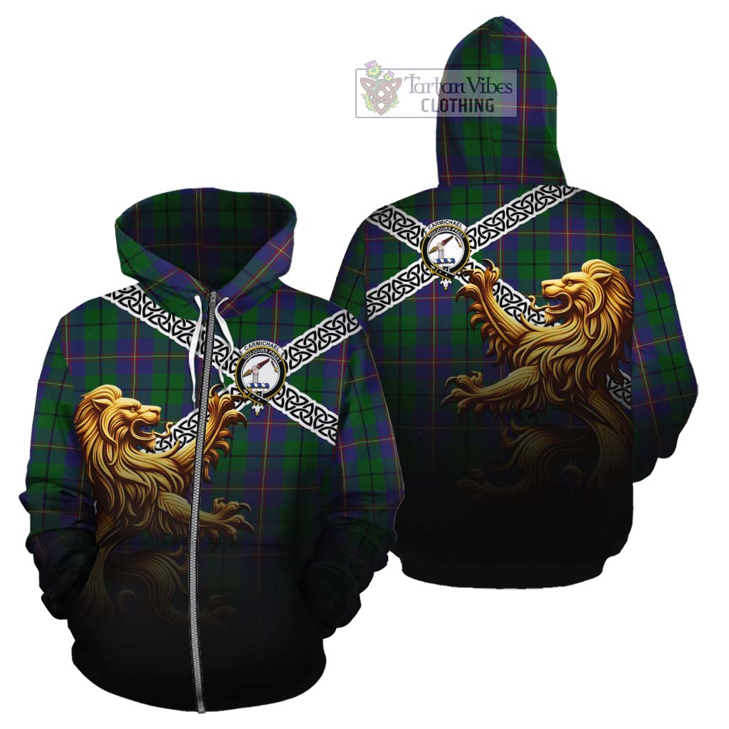 Tartan Vibes Clothing Carmichael Crest Tartan Cotton Hoodie with Golden Lion Emblem Celtic Style