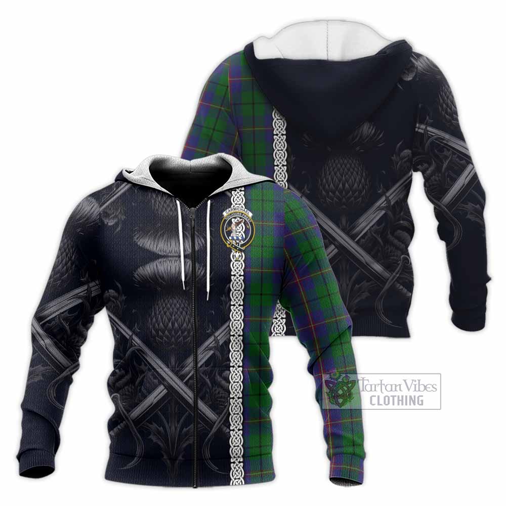 Tartan Vibes Clothing Carmichael Tartan Knitted Hoodie with Family Crest Cross Sword Thistle Celtic Vibes