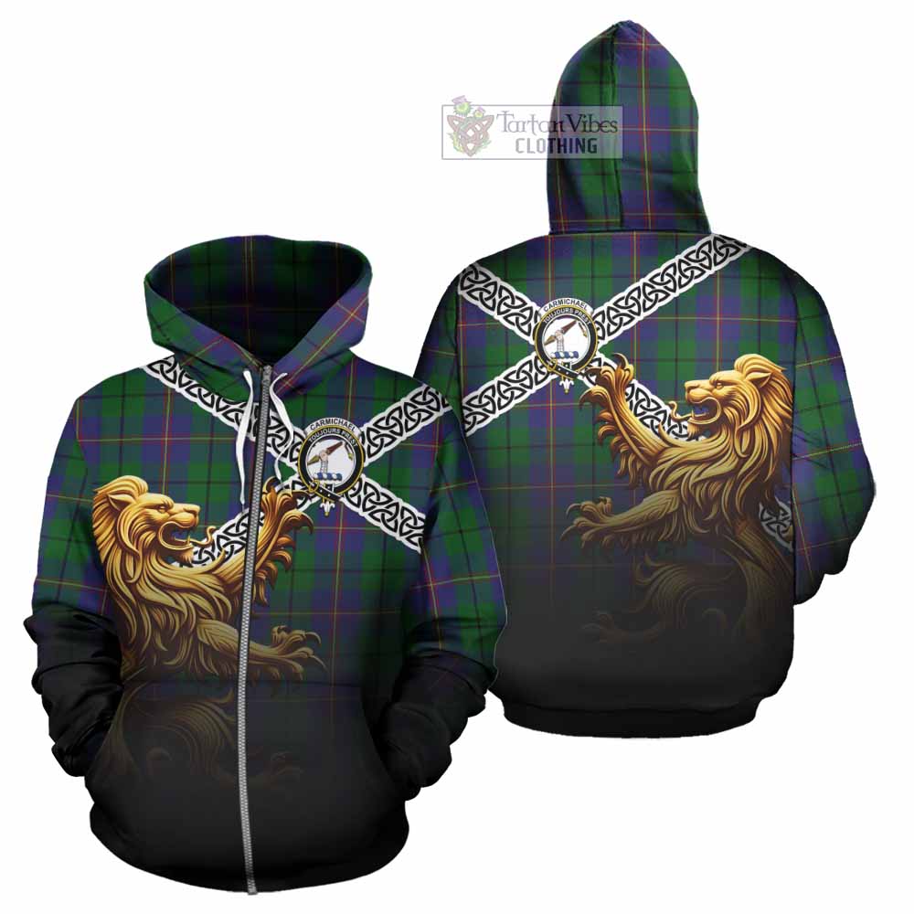 Tartan Vibes Clothing Carmichael Crest Tartan Hoodie with Golden Lion Emblem Celtic Style