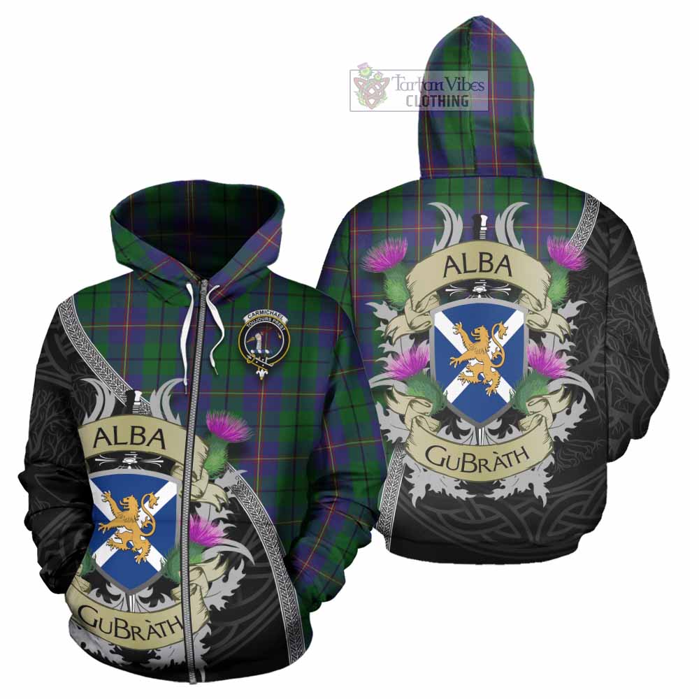 Tartan Vibes Clothing Carmichael Tartan Family Crest Hoodie Lion Rampant Royal Thistle Shield Celtic Inspired