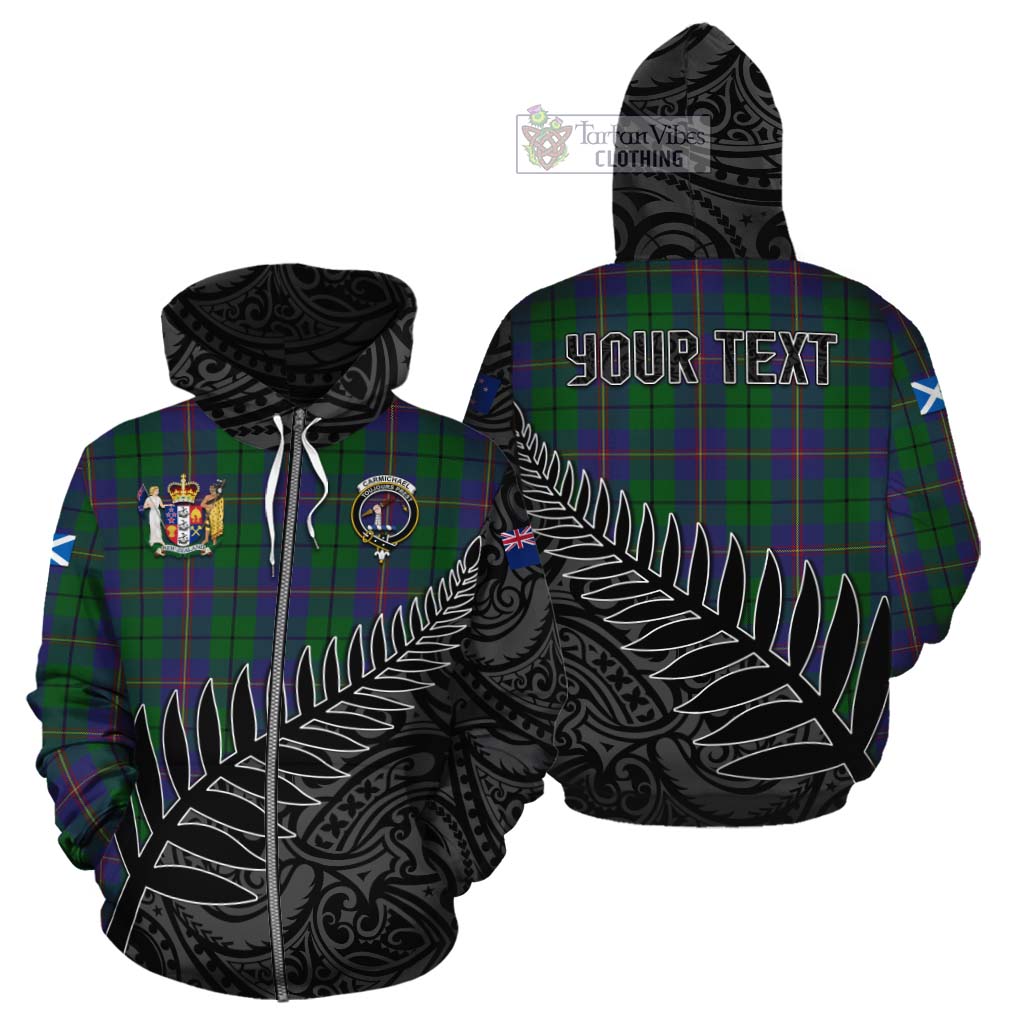 Tartan Vibes Clothing Carmichael Crest Tartan Cotton Hoodie with New Zealand Silver Fern Half Style
