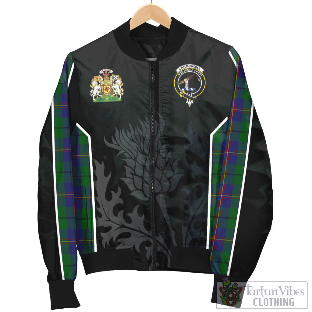Tartan Vibes Clothing Carmichael Tartan Bomber Jacket with Family Crest and Scottish Thistle Vibes Sport Style