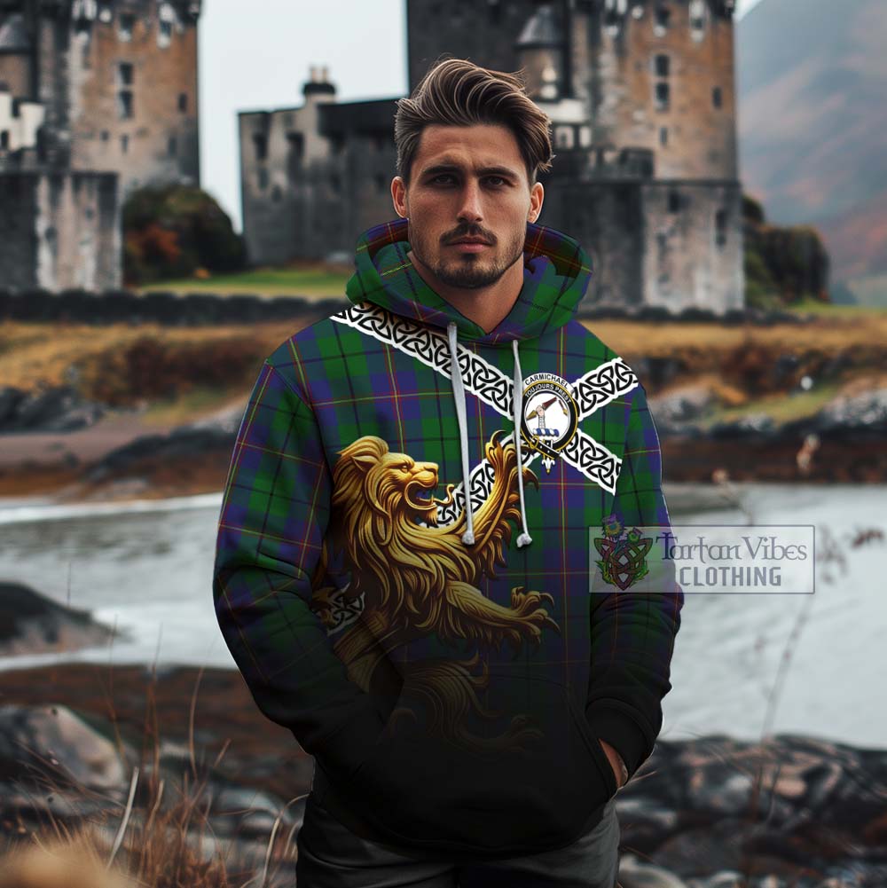 Tartan Vibes Clothing Carmichael Crest Tartan Cotton Hoodie with Golden Lion Emblem Celtic Style