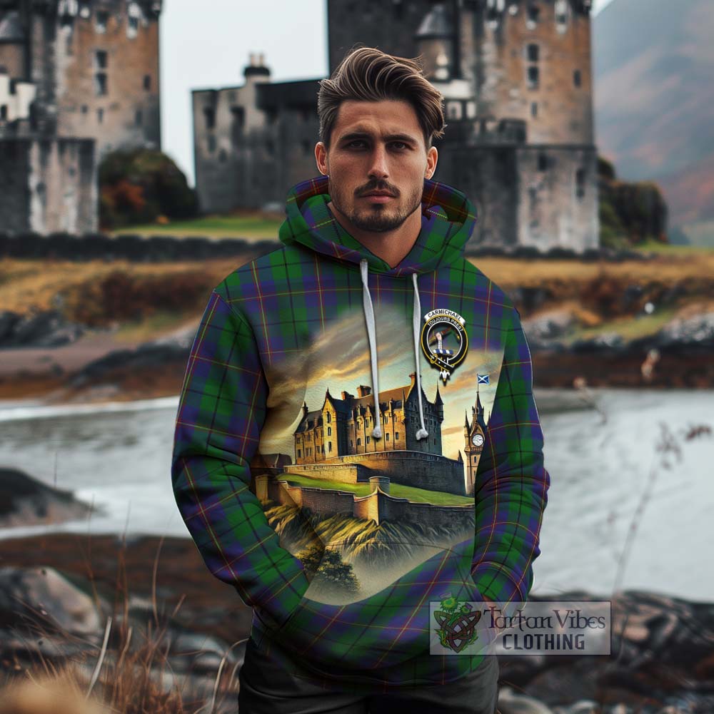 Tartan Vibes Clothing Carmichael Tartan Family Crest Cotton Hoodie with Scottish Ancient Castle Style