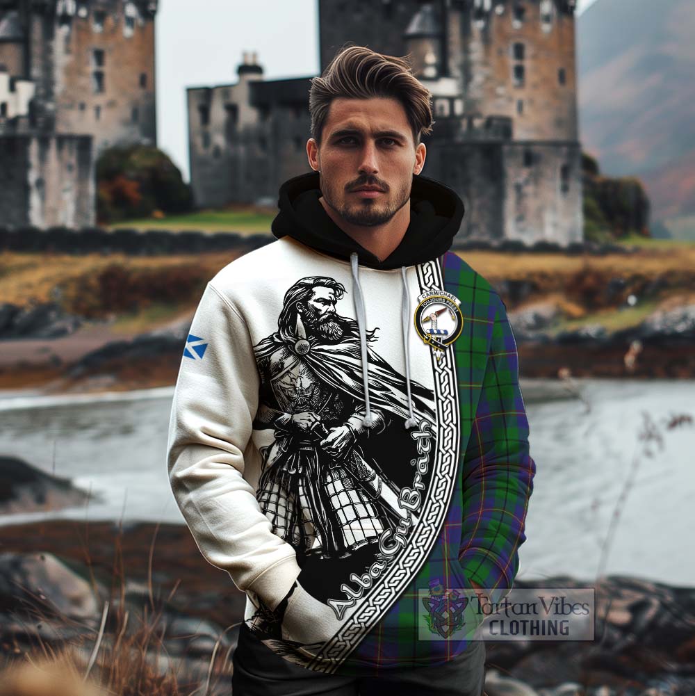 Tartan Vibes Clothing Carmichael Tartan Clan Crest Cotton Hoodie with Highlander Warrior Celtic Style