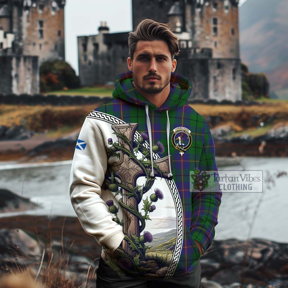 Tartan Vibes Clothing Carmichael Tartan Cotton Hoodie with Family Crest and St. Andrew's Cross Accented by Thistle Vines