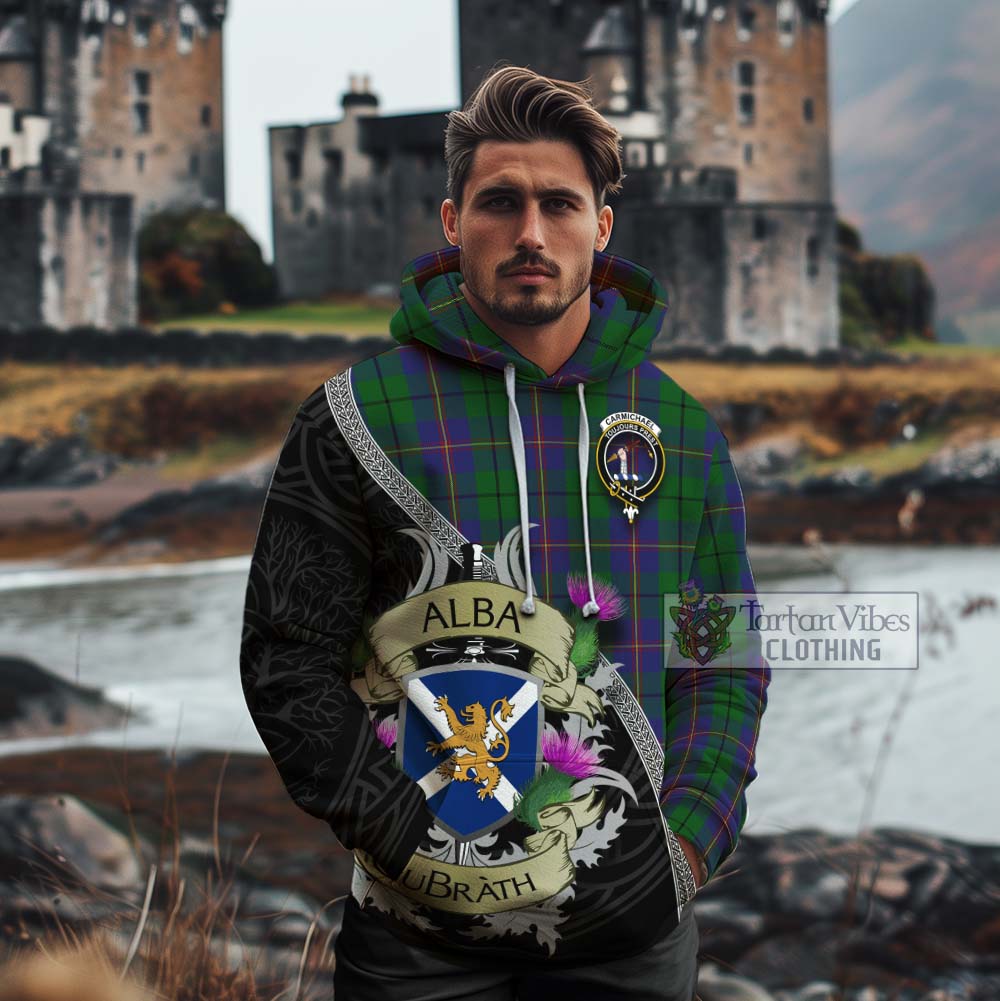 Tartan Vibes Clothing Carmichael Tartan Family Crest Cotton Hoodie Lion Rampant Royal Thistle Shield Celtic Inspired