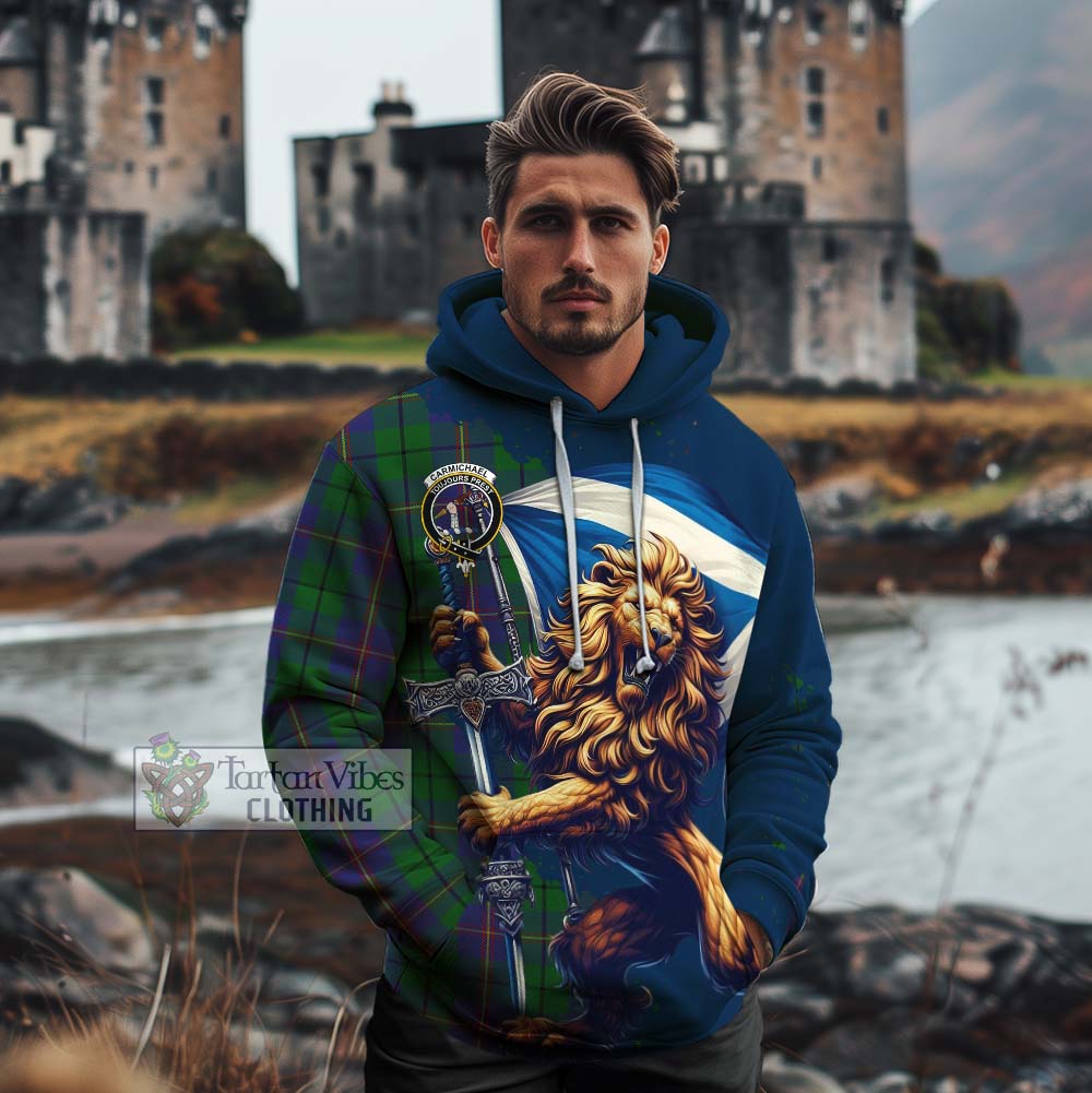 Tartan Vibes Clothing Carmichael Tartan Family Crest Cotton Hoodie with Scottish Majestic Lion