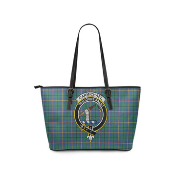 Carmichael Ancient Tartan Leather Tote Bag with Family Crest