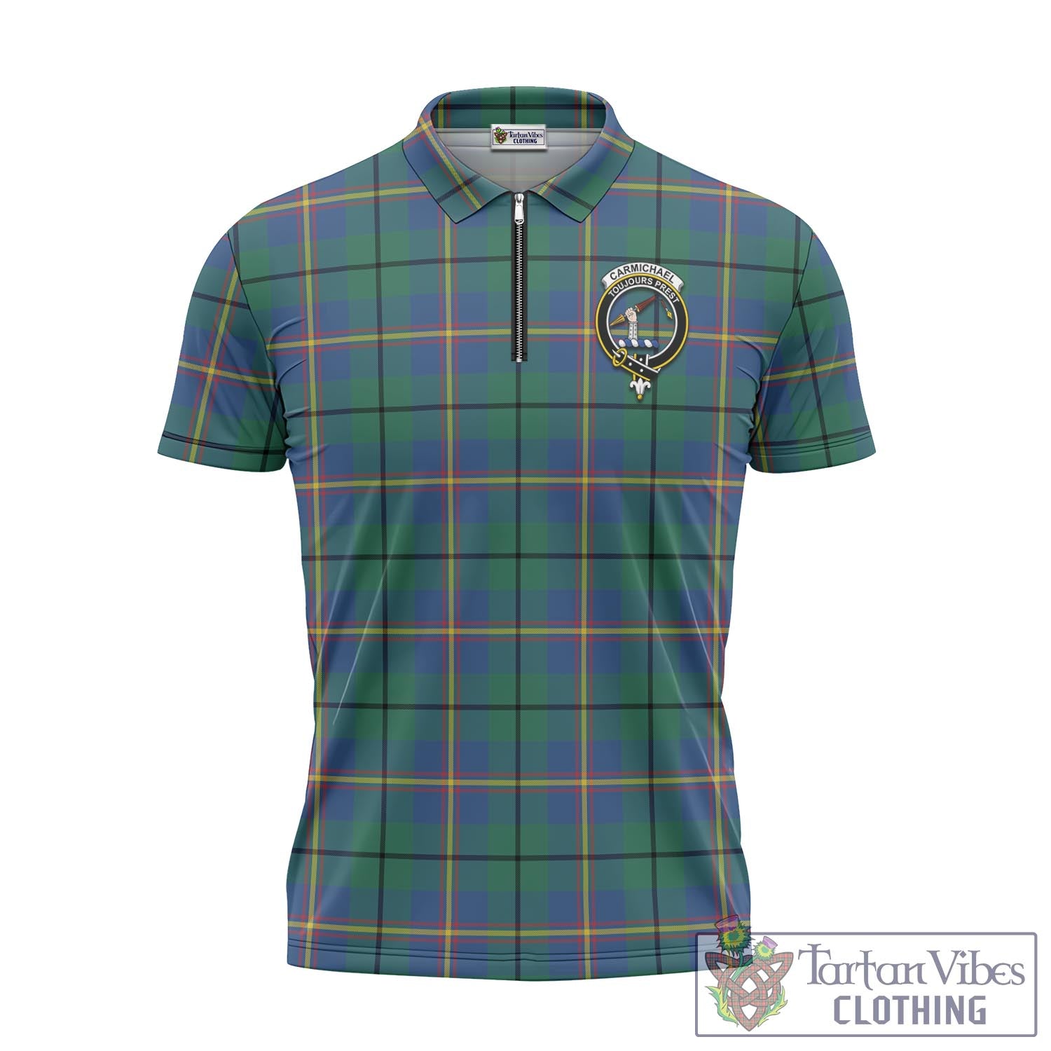 Tartan Vibes Clothing Carmichael Ancient Tartan Zipper Polo Shirt with Family Crest