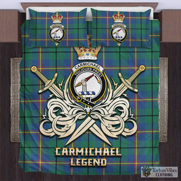 Carmichael Ancient Tartan Bedding Set with Clan Crest and the Golden Sword of Courageous Legacy