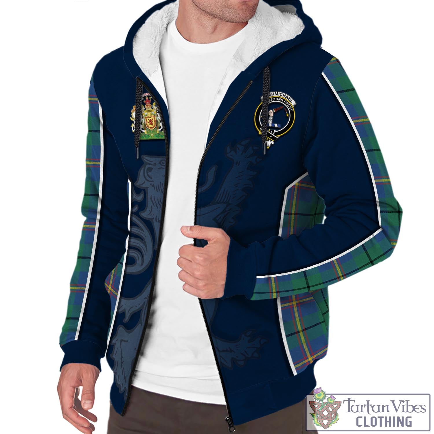 Tartan Vibes Clothing Carmichael Ancient Tartan Sherpa Hoodie with Family Crest and Lion Rampant Vibes Sport Style
