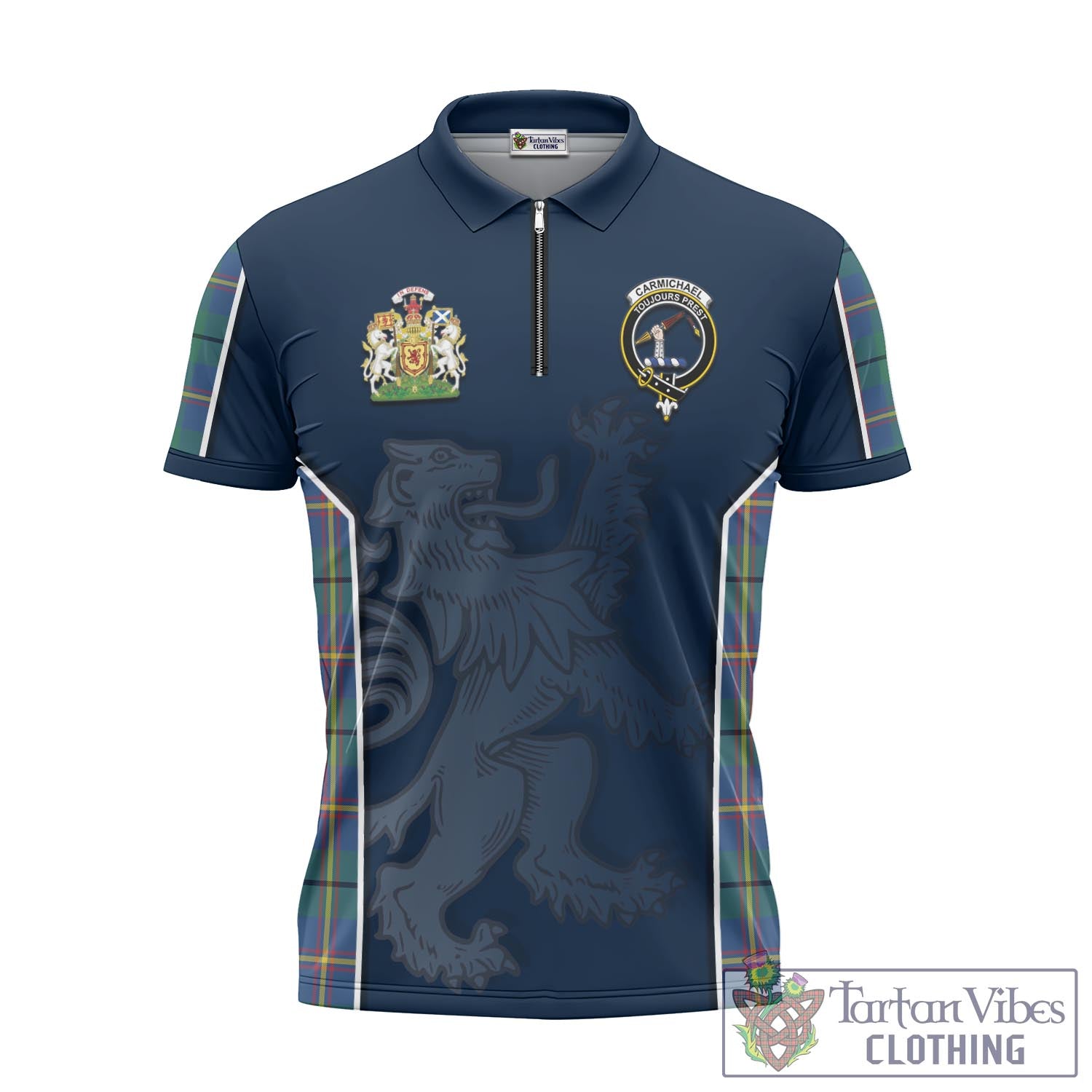 Tartan Vibes Clothing Carmichael Ancient Tartan Zipper Polo Shirt with Family Crest and Lion Rampant Vibes Sport Style