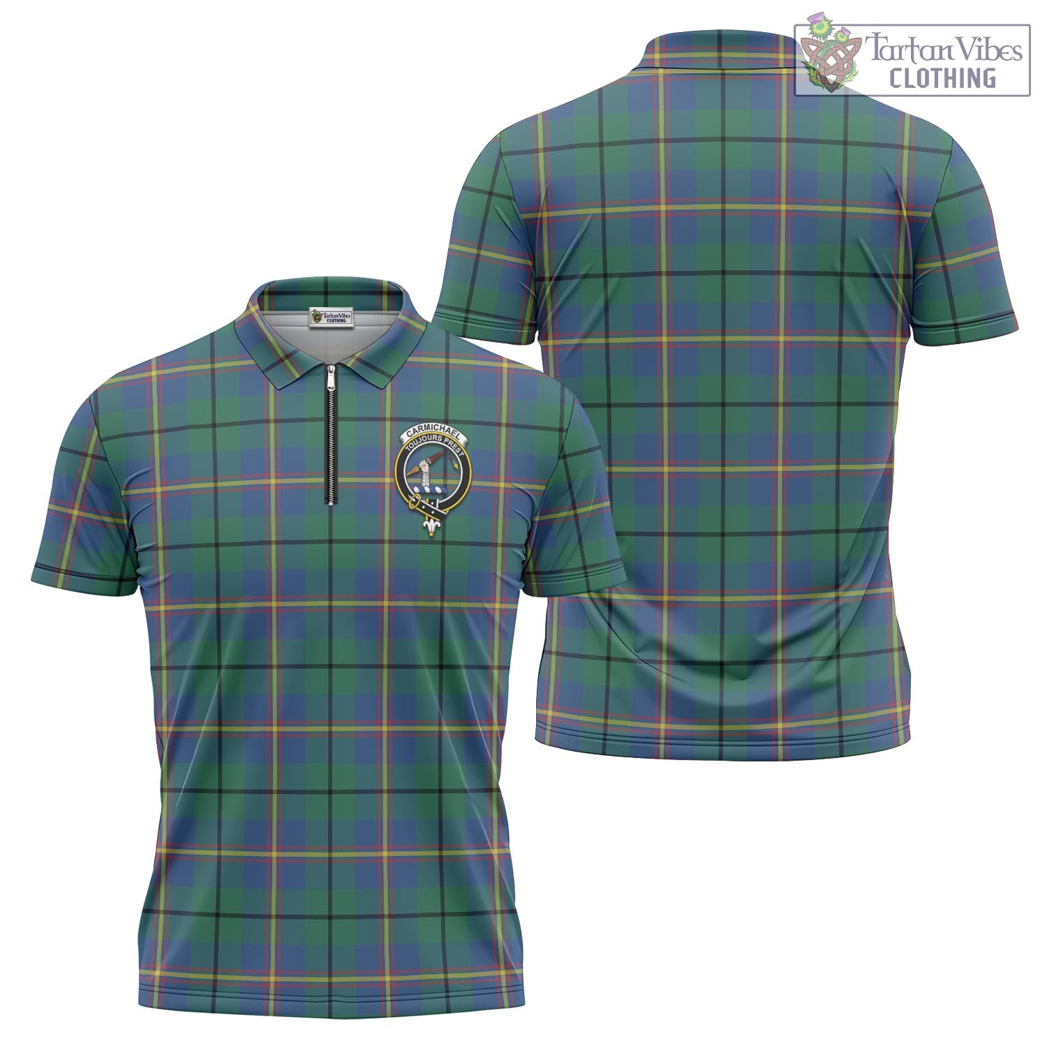 Tartan Vibes Clothing Carmichael Ancient Tartan Zipper Polo Shirt with Family Crest