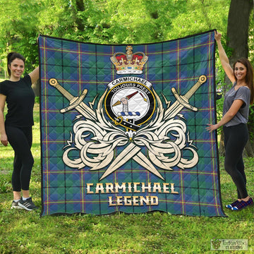 Carmichael Ancient Tartan Quilt with Clan Crest and the Golden Sword of Courageous Legacy