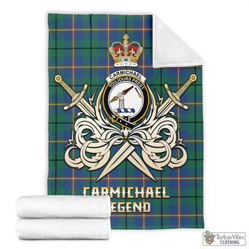 Carmichael Ancient Tartan Blanket with Clan Crest and the Golden Sword of Courageous Legacy