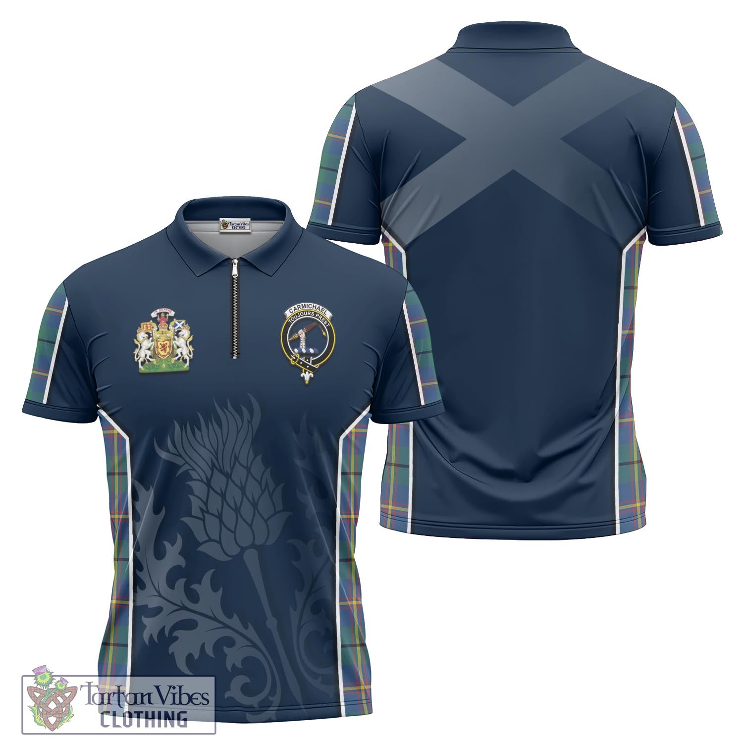 Tartan Vibes Clothing Carmichael Ancient Tartan Zipper Polo Shirt with Family Crest and Scottish Thistle Vibes Sport Style