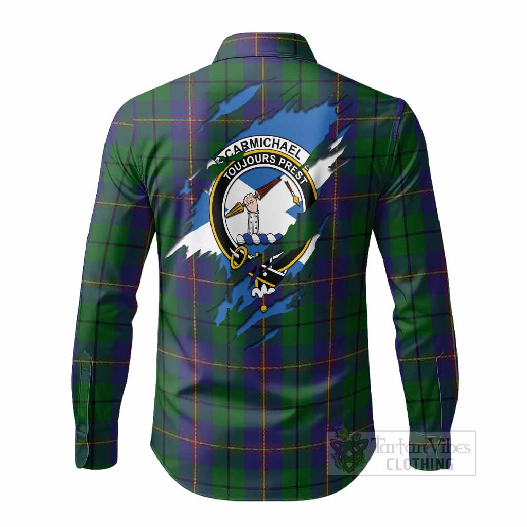 Carmichael Clan Crest In Me Tartan Long Sleeve Button Shirts Scotland Flag Style