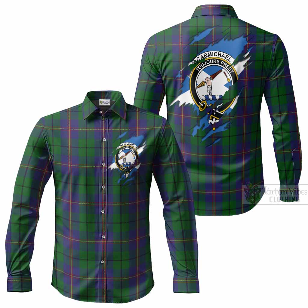 Carmichael Clan Crest In Me Tartan Long Sleeve Button Shirts Scotland Flag Style