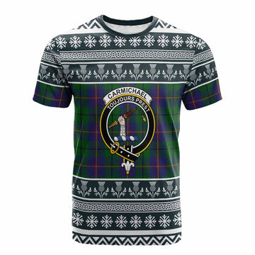 Carmichael Clan Tartan Christmas Cotton T-shirt with Family Crest