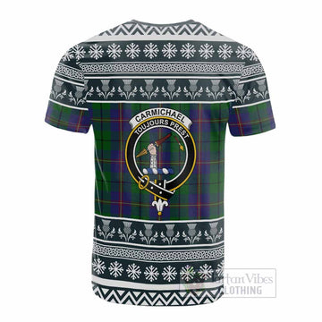 Carmichael Clan Tartan Christmas Cotton T-shirt with Family Crest