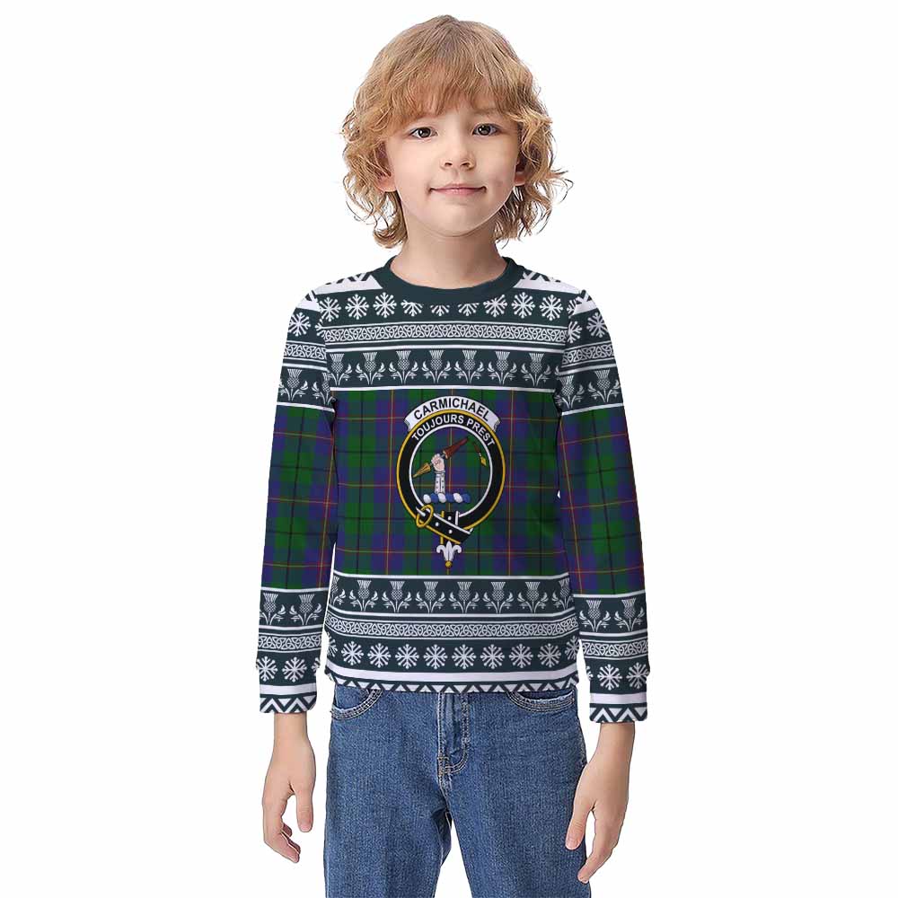 Carmichael Clan Tartan Christmas Kid Ugly Sweatshirt with Family Crest - Tartan Vibes Clothing
