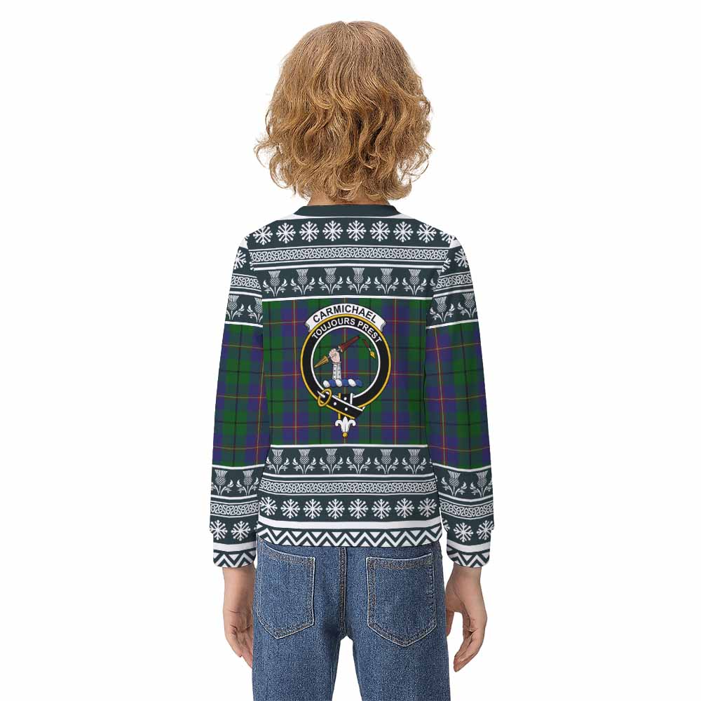 Carmichael Clan Tartan Christmas Kid Ugly Sweatshirt with Family Crest - Tartan Vibes Clothing