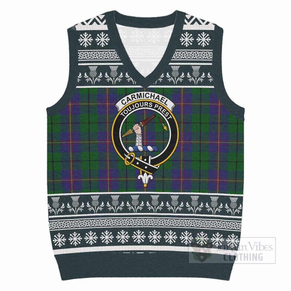 Carmichael Clan Tartan Christmas Knitted V-Neck Vest with Family Crest - Tartan Vibes Clothing