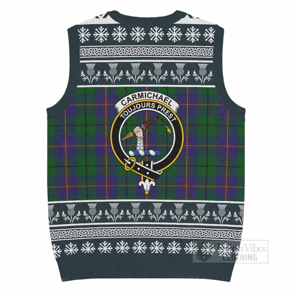 Carmichael Clan Tartan Christmas Knitted V-Neck Vest with Family Crest - Tartan Vibes Clothing