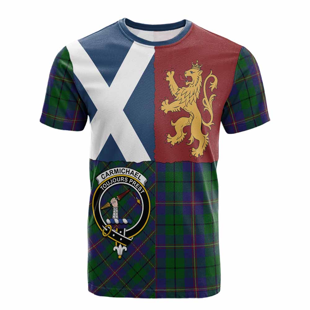 Carmichael Crest Tartan Cotton T-shirt with Lion Rampant Saltire Style - Tartan Vibes Clothing