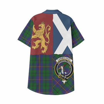 Carmichael Crest Tartan Kid Hawaiian Shirt with Lion Rampant Saltire Style - Tartan Vibes Clothing