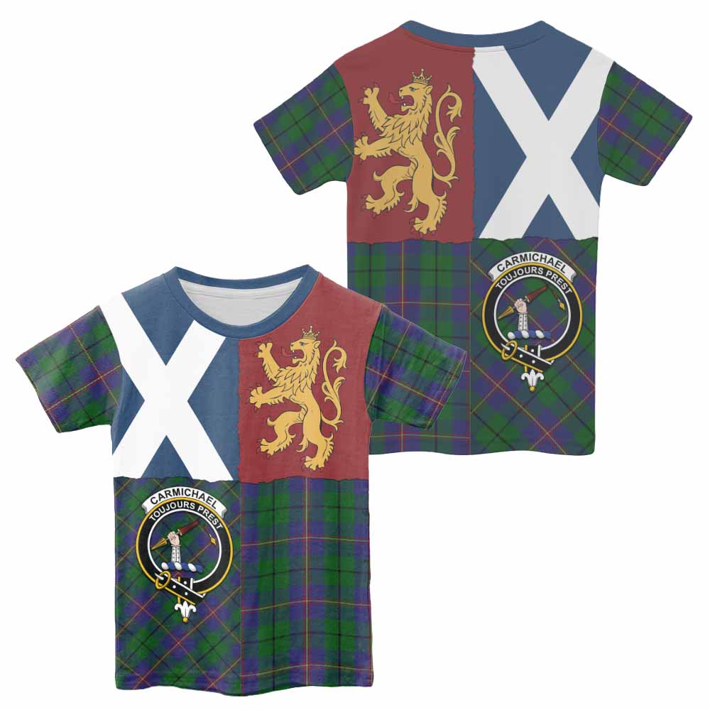 Carmichael Crest Tartan Kid T-shirt with Lion Rampant Saltire Style - Tartan Vibes Clothing