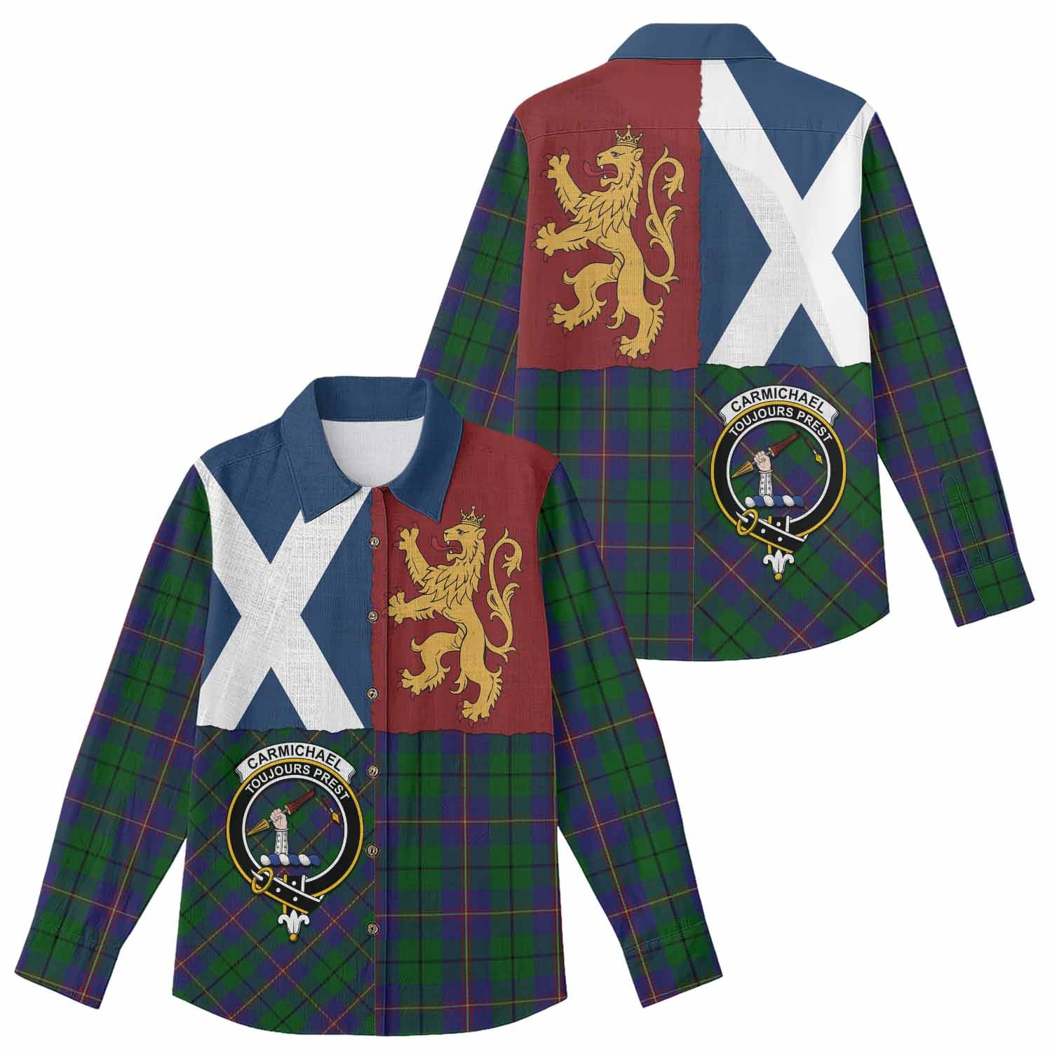 Carmichael Crest Tartan Women Casual Shirt with Lion Rampant Saltire Style