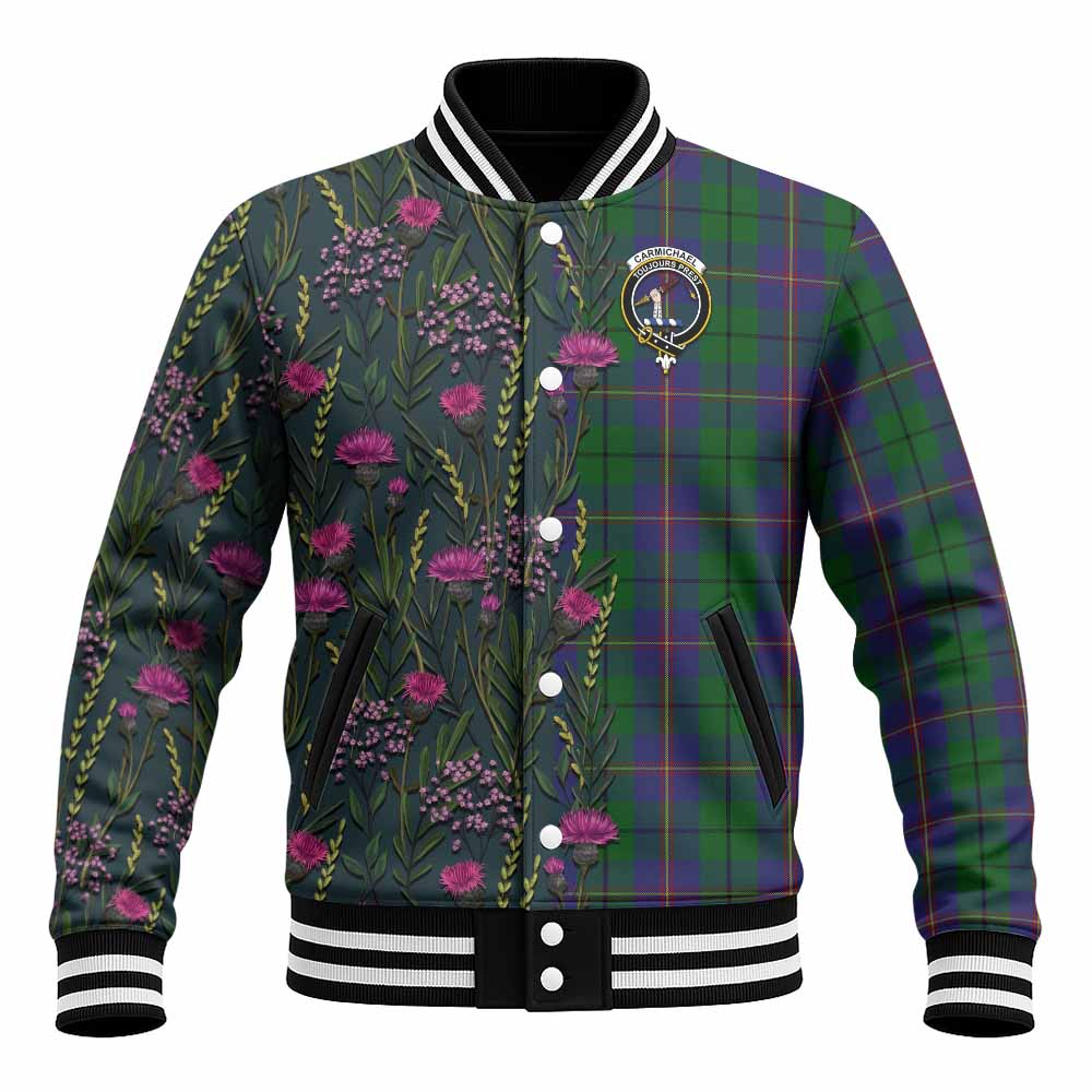 Carmichael Family Crest Tartan Baseball Jacket Scottish Thistle Flower Pattern Half Style - Tartan Vibes Clothing