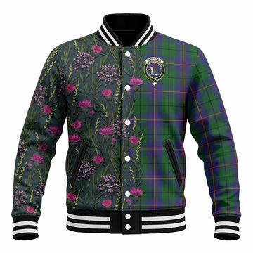 Carmichael Family Crest Tartan Baseball Jacket Scottish Thistle Flower Pattern Half Style - Tartan Vibes Clothing