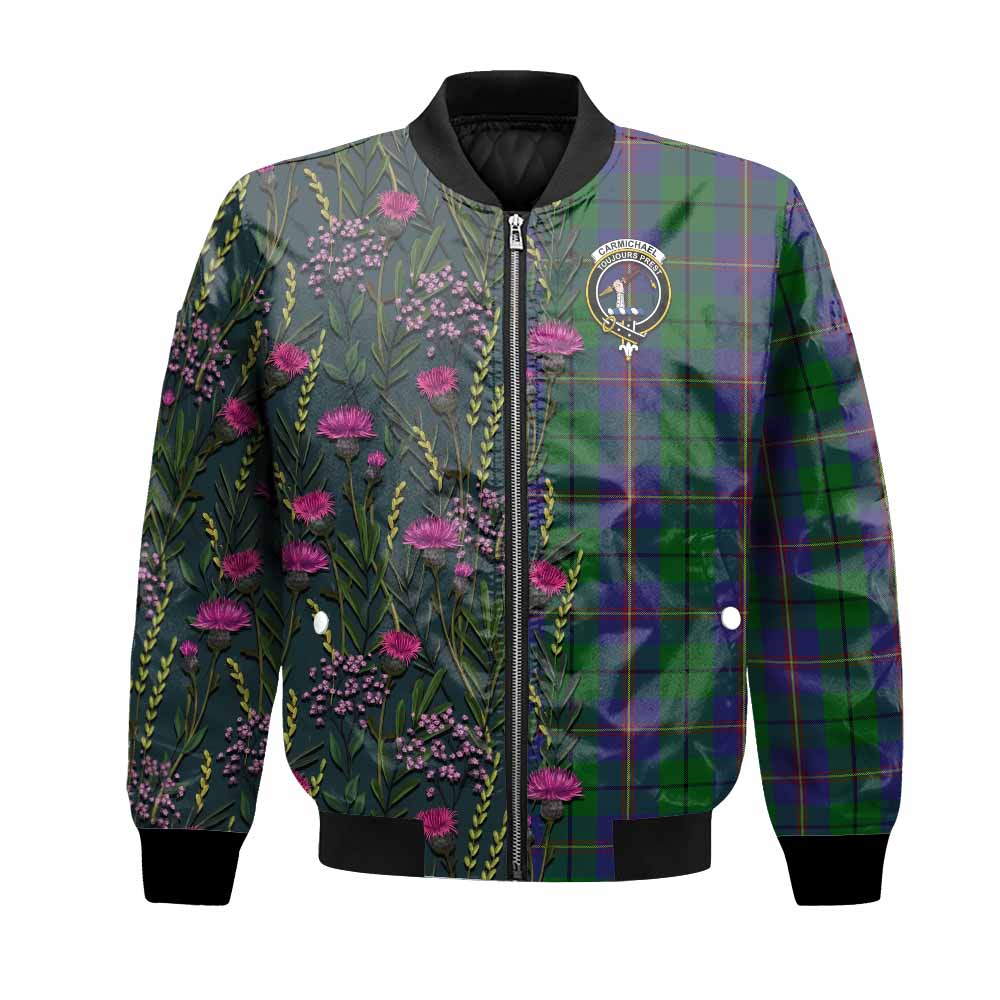 Carmichael Family Crest Tartan Bomber Jacket Scottish Thistle Flower Pattern Half Style - Tartan Vibes Clothing