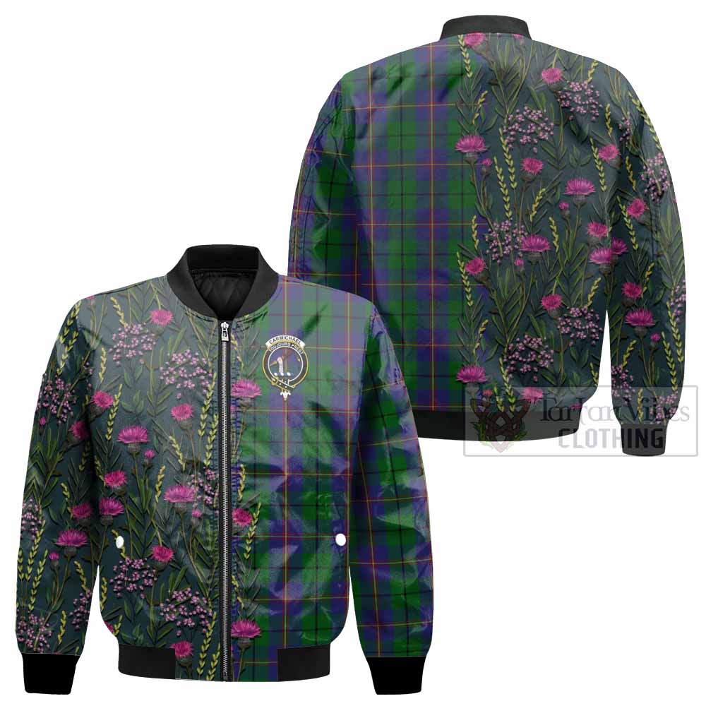 Carmichael Family Crest Tartan Bomber Jacket Scottish Thistle Flower Pattern Half Style - Tartan Vibes Clothing