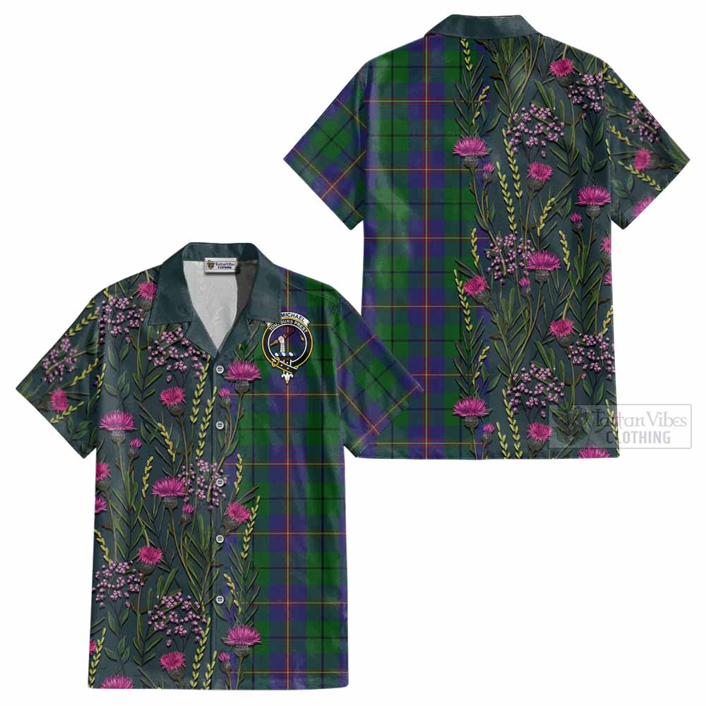 Carmichael Family Crest Tartan Cotton Hawaiian Shirt Scottish Thistle Flower Pattern Half Style - Tartan Vibes Clothing