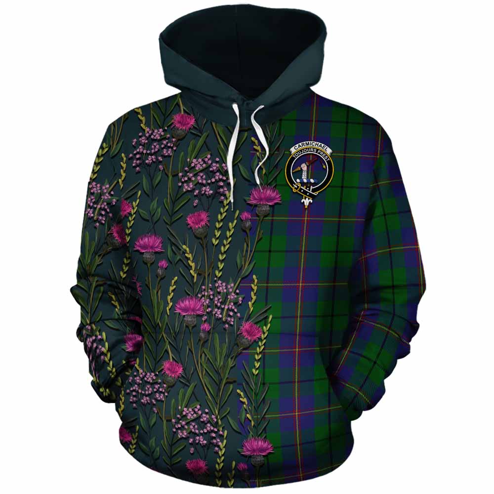 Carmichael Family Crest Tartan Cotton Hoodie Scottish Thistle Flower Pattern Half Style - Tartan Vibes Clothing