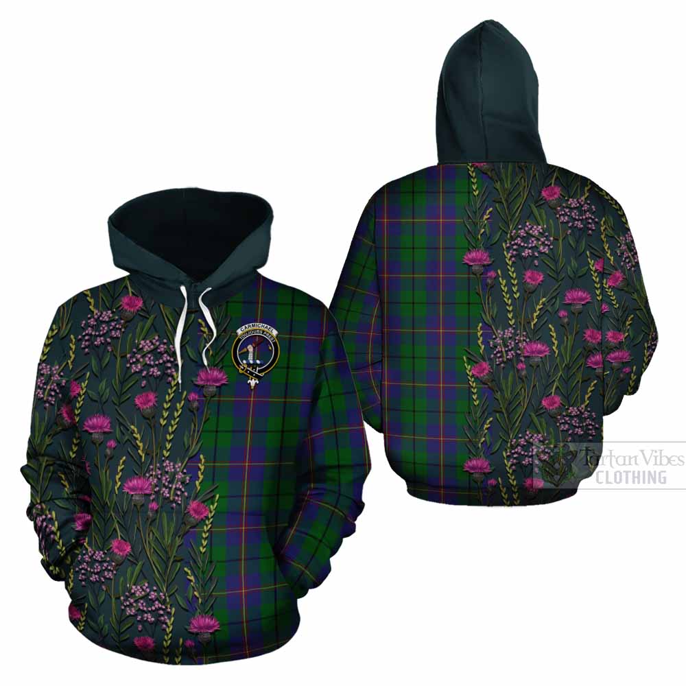 Carmichael Family Crest Tartan Cotton Hoodie Scottish Thistle Flower Pattern Half Style - Tartan Vibes Clothing