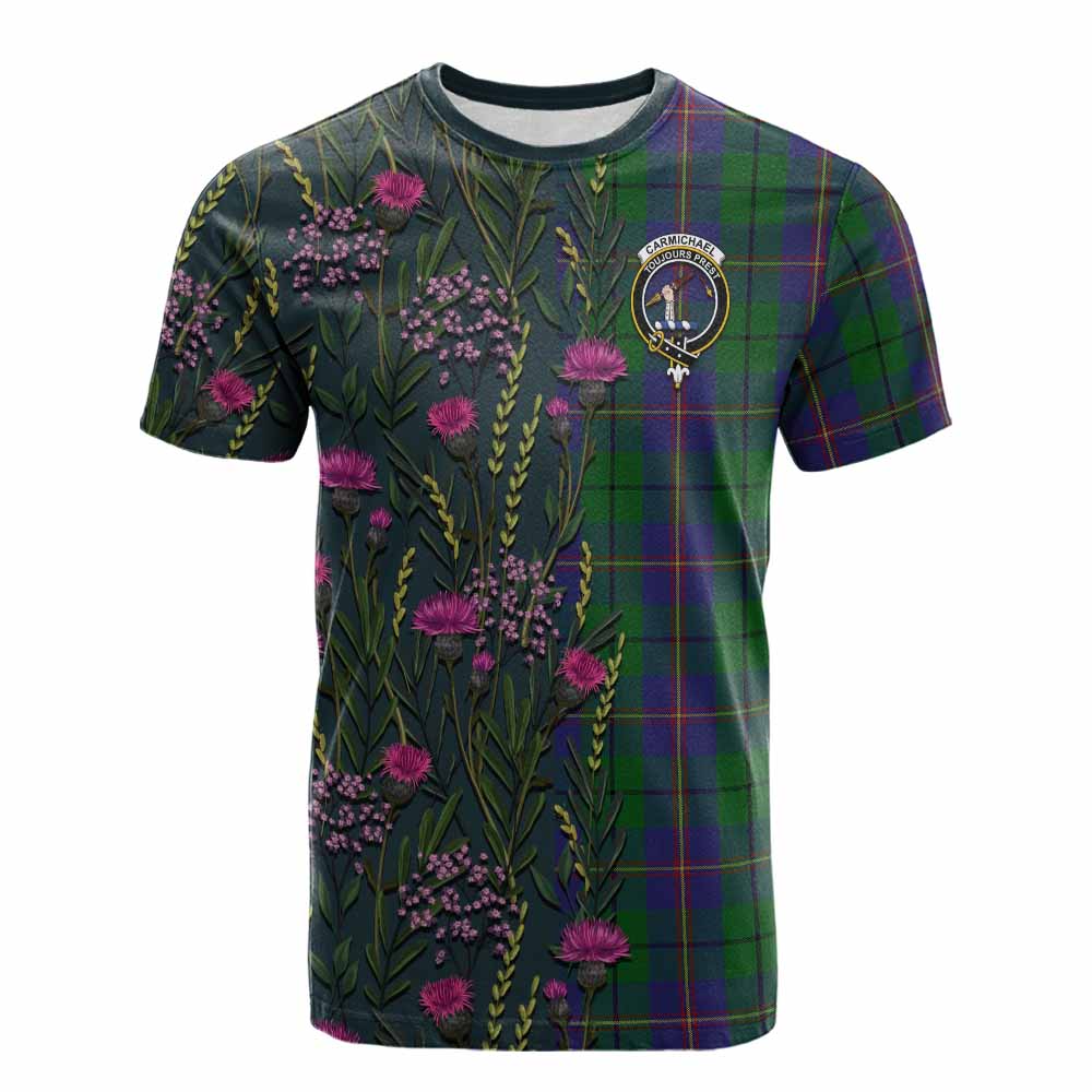 Carmichael Family Crest Tartan Cotton T-shirt Scottish Thistle Flower Pattern Half Style - Tartan Vibes Clothing