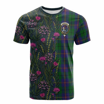 Carmichael Family Crest Tartan Cotton T-shirt Scottish Thistle Flower Pattern Half Style