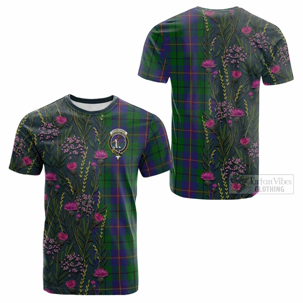 Carmichael Family Crest Tartan Cotton T-shirt Scottish Thistle Flower Pattern Half Style - Tartan Vibes Clothing
