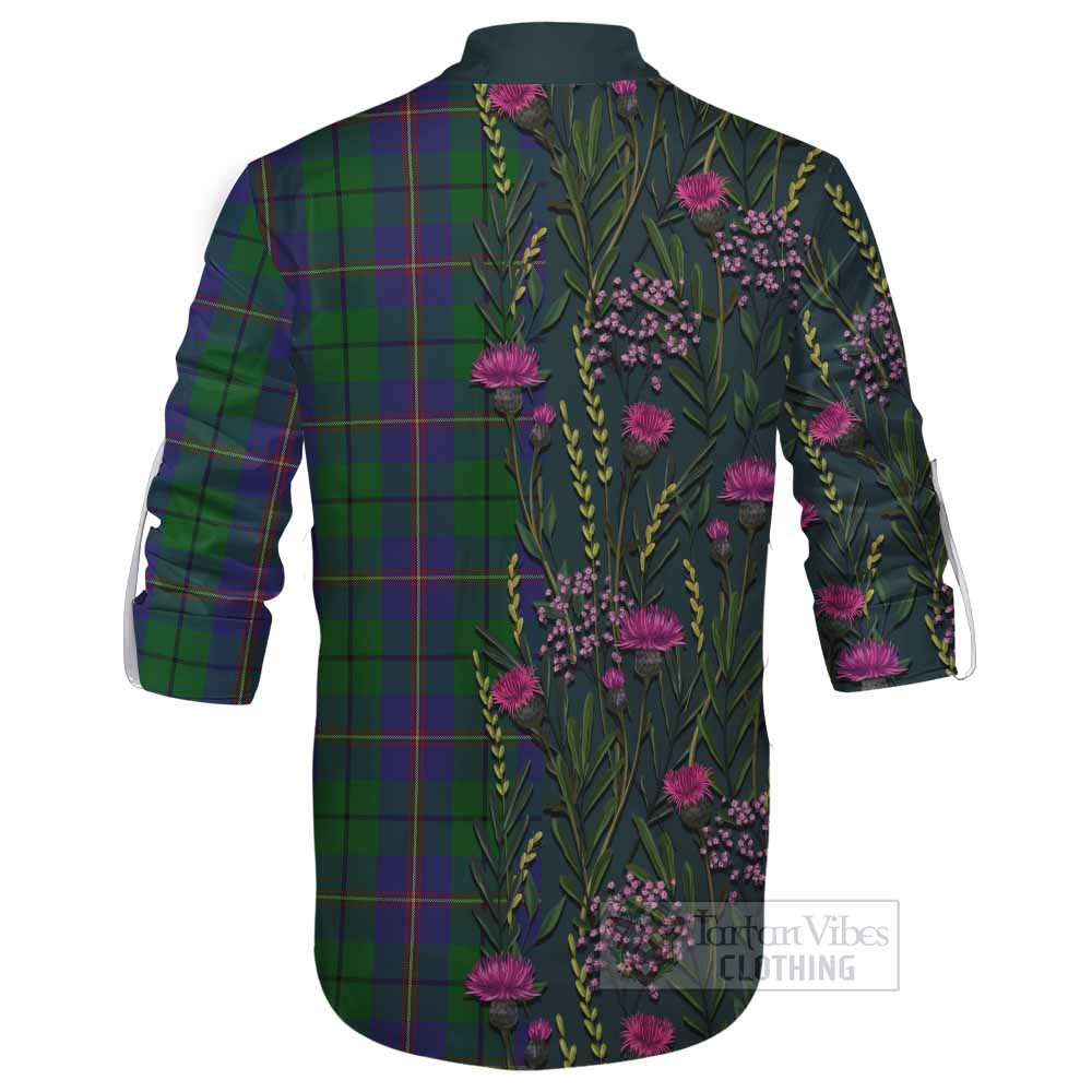 Carmichael Family Crest Tartan Ghillie Shirt Scottish Thistle Flower Pattern Half Style - Tartan Vibes Clothing