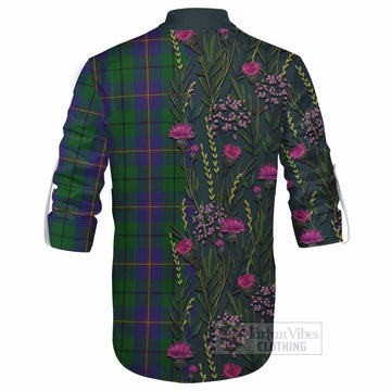 Carmichael Family Crest Tartan Ghillie Shirt Scottish Thistle Flower Pattern Half Style - Tartan Vibes Clothing
