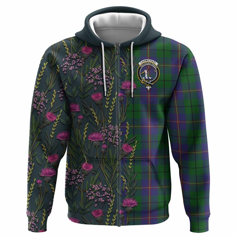 Carmichael Family Crest Tartan Hoodie Scottish Thistle Flower Pattern Half Style - Tartan Vibes Clothing
