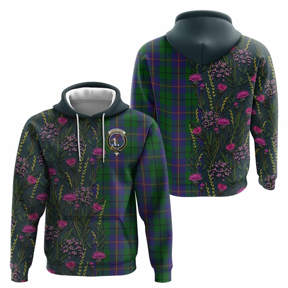 Carmichael Family Crest Tartan Hoodie Scottish Thistle Flower Pattern Half Style - Tartan Vibes Clothing