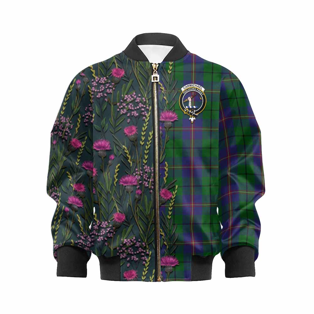 Carmichael Family Crest Tartan Kid Bomber Jacket Scottish Thistle Flower Pattern Half Style - Tartan Vibes Clothing
