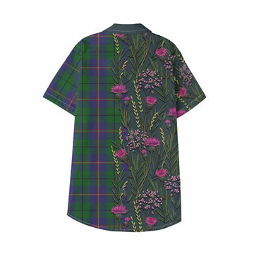 Carmichael Family Crest Tartan Kid Hawaiian Shirt Scottish Thistle Flower Pattern Half Style - Tartan Vibes Clothing